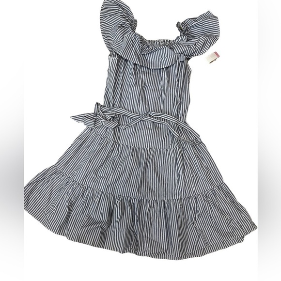 CREMIEUX Off The Shoulder Blue and White Pinstriped Dress - Picture 8 of 14